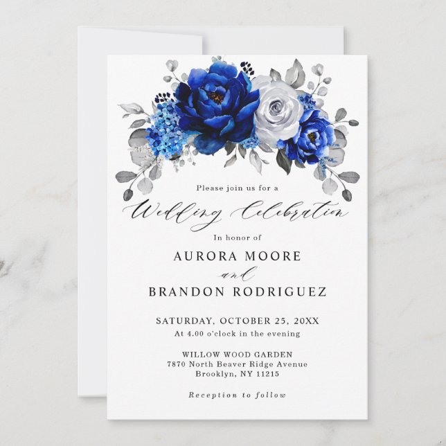 Royal Blue White Silver Metallic Floral Wedding Invitation (Front)