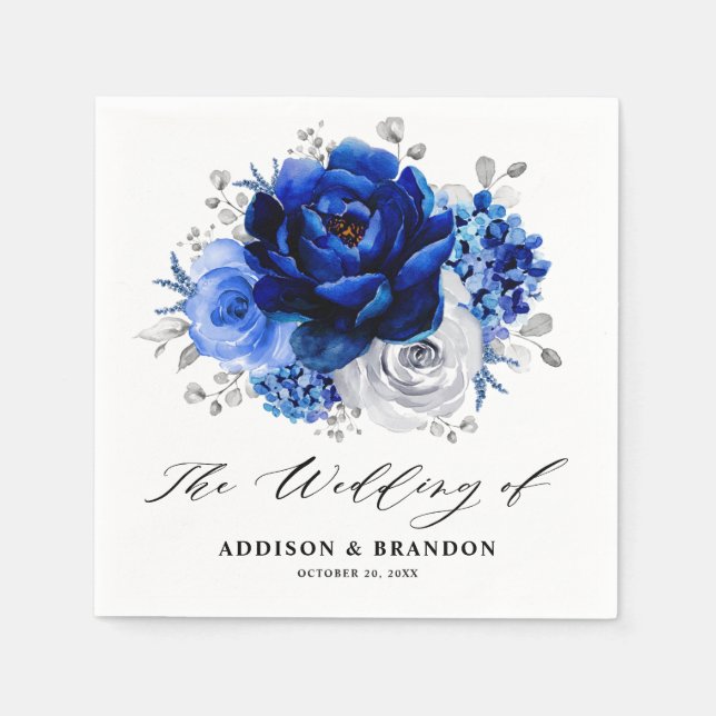 Royal Blue White Silver Metallic Floral Wedding Napkin (Front)