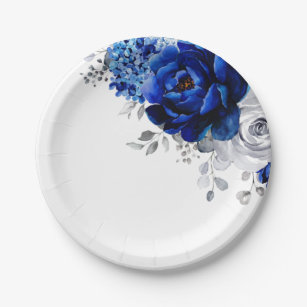 Royal Blue White Silver Metallic Floral Wedding Pa Paper Plate