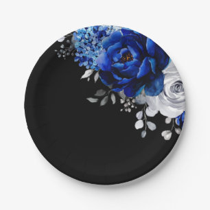 Royal Blue White Silver Metallic Floral Wedding Pa Paper Plate