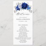 Royal Blue White Silver Metallic Floral Wedding Program<br><div class="desc">Elegant royal blue white silver theme wedding program featuring elegant bouquet of royal blue,  Navy,  silver,  pure white colour rose flowers buds and sage green eucalyptus leaves. Please contact me for any help in customization or if you need any other product with this design.</div>