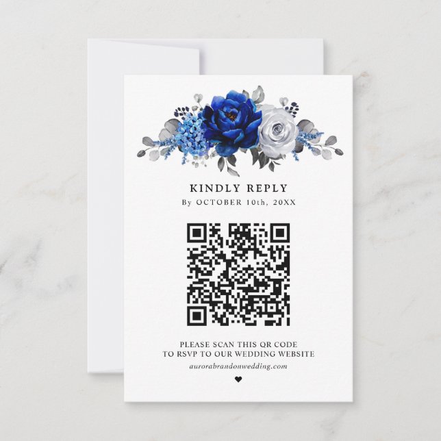 Royal Blue White Silver Metallic Floral Wedding RSVP Card (Front)