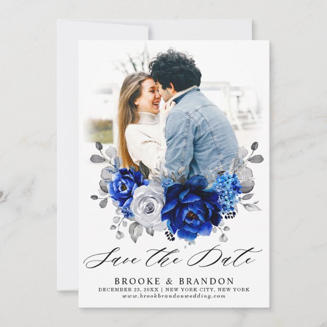 Royal Blue White Silver Metallic Floral Wedding Save The Date (Front)
