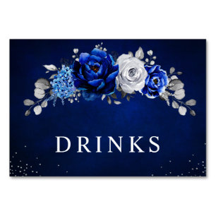 Royal Blue White Silver Metallic Floral Wedding  Table Number