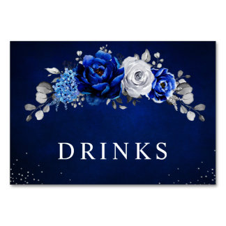 Royal Blue White Silver Metallic Floral Wedding  Table Number