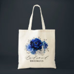 Royal Blue White Silver Metallic Floral Wedding To Tote Bag<br><div class="desc">Elegant royal blue white silver theme wedding bridesmaid gift tote bag featuring elegant bouquet of royal blue,  Navy,  silver,  pure white colour rose flowers buds and sage green eucalyptus leaves. Please contact me for any help in customization or if you need any other product with this design.</div>