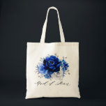 Royal Blue White Silver Metallic Floral Wedding To Tote Bag<br><div class="desc">Elegant royal blue white silver theme wedding bridesmaid gift tote bag featuring elegant bouquet of royal blue,  Navy,  silver,  pure white colour rose flowers buds and sage green eucalyptus leaves. Please contact me for any help in customization or if you need any other product with this design.</div>