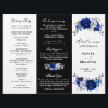 Royal Blue White Silver Tri-fold Wedding Program<br><div class="desc">Elegant royal blue white silver theme wedding program featuring elegant bouquet of royal blue,  Navy,  silver,  pure white colour rose flowers buds and sage green eucalyptus leaves. Please contact me for any help in customization or if you need any other product with this design.</div>
