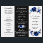 Royal Blue White Silver Tri-fold Wedding Program<br><div class="desc">Elegant royal blue white silver theme wedding program featuring elegant bouquet of royal blue,  Navy,  silver,  pure white colour rose flowers buds and sage green eucalyptus leaves. Please contact me for any help in customization or if you need any other product with this design.</div>