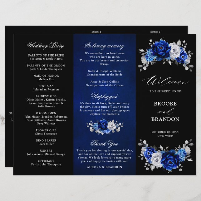 Royal Blue White Silver Tri-fold Wedding Program (Front/Back)