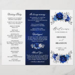 Royal Blue White Silver Tri-fold Wedding Program<br><div class="desc">Elegant royal blue white silver theme wedding program featuring elegant bouquet of royal blue,  Navy,  silver,  pure white colour rose flowers buds and sage green eucalyptus leaves. Please contact me for any help in customization or if you need any other product with this design.</div>