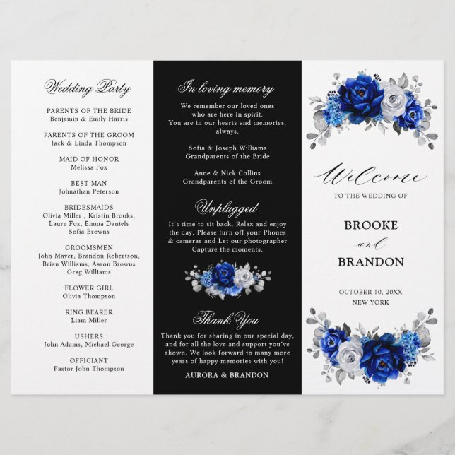 Royal Blue White Silver Tri-fold Wedding Programme (Devant)