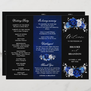 Royal Blue White Silver Tri-fold Wedding Programme
