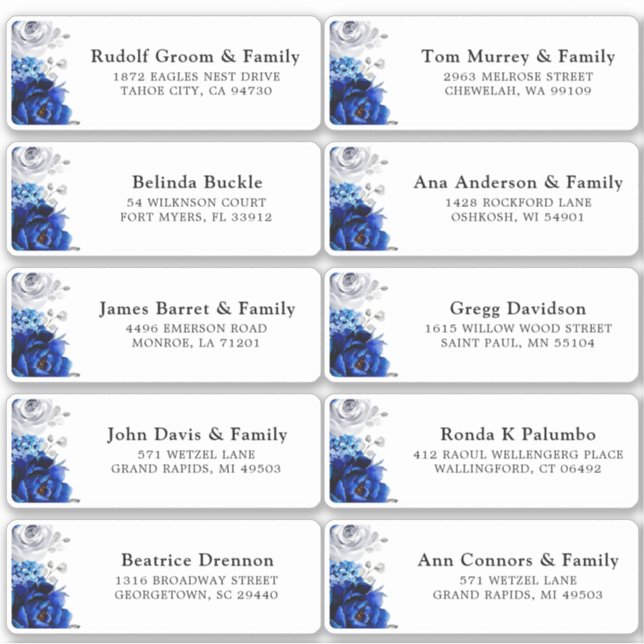 Royal Blue White Silver Wedding Guest Address Stic (Front)