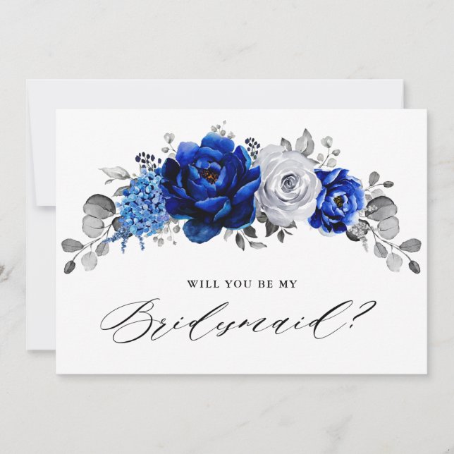 Royal Blue White Silver Will you be my Bridesmaid Invitation (Front)