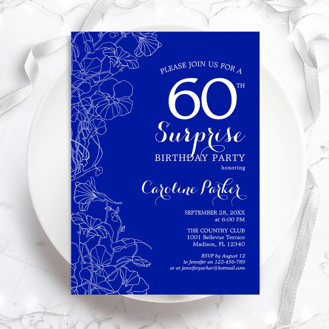 Royal Blue White Surprise 60th Birthday Party Invitation (Creator Uploaded)