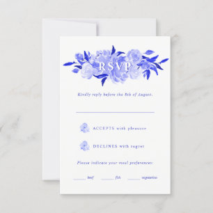 Royal Blue & White Watercolor Floral Mitzvah RSVP Card