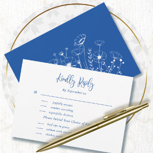 Royal Blue White Wildflowers Menu Selection RSVP