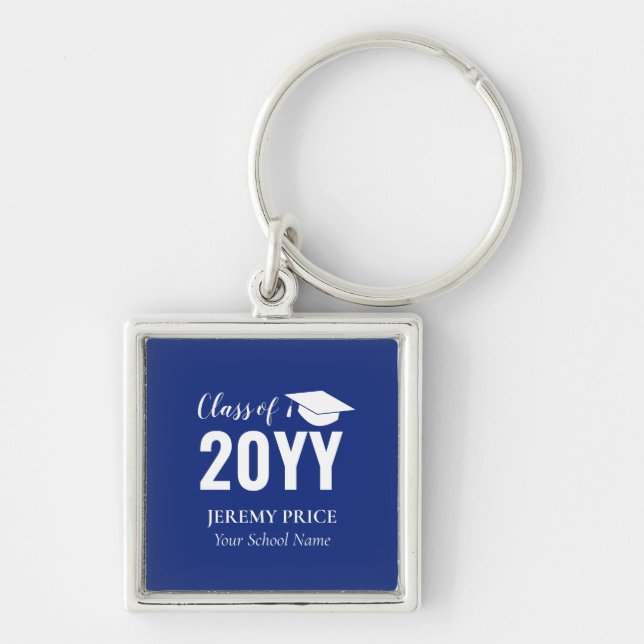Royal Blue, White Your Name Custom Graduation Gift Keychain (Front)