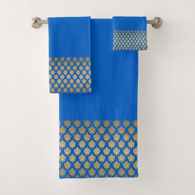 Royal Blue with Gold Flourish Bath Towel Set (Insitu)