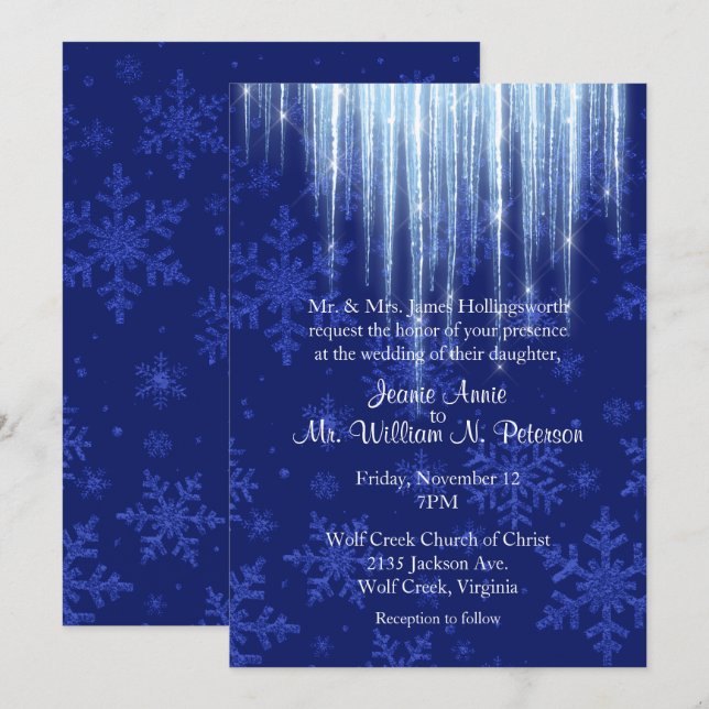 Royal Blue with Icicles Winter Wedding Invitation (Front/Back)