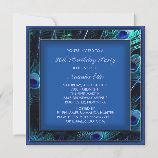 Royal Blue Womans Peacock Birthday Party Invitation (Front)