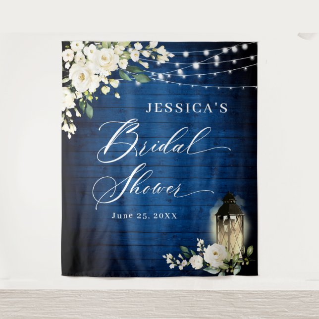 Royal Blue Wood White Roses Bridal Shower Backdrop Tapestry (Front)