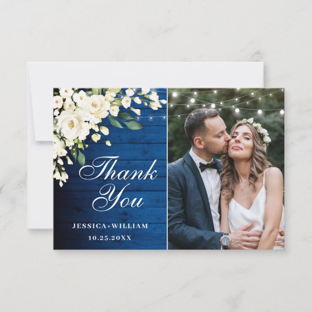 Royal Blue Wood White Roses Floral Lantern Photo Thank You Card (Front)