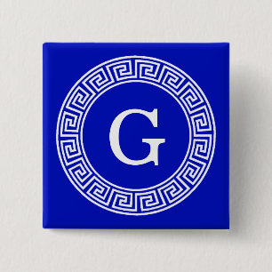 Royal Blue Wt Greek Key Rnd Frame Initial Monogram 2 Inch Square Button