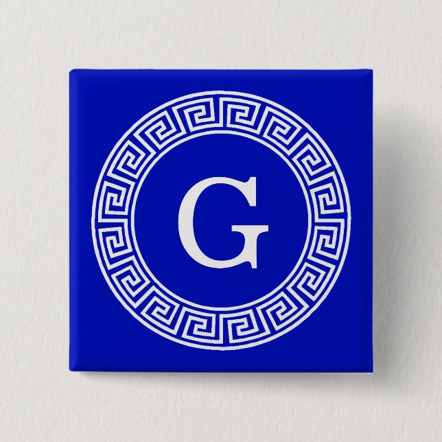 Royal Blue Wt Greek Key Rnd Frame Initial Monogram 2 Inch Square Button (Front)