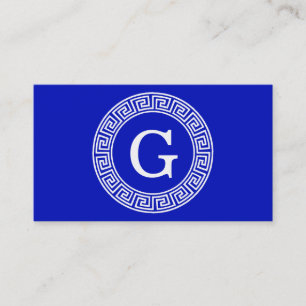 Royal Blue Wt Greek Key Rnd Frame Initial Monogram Business Card
