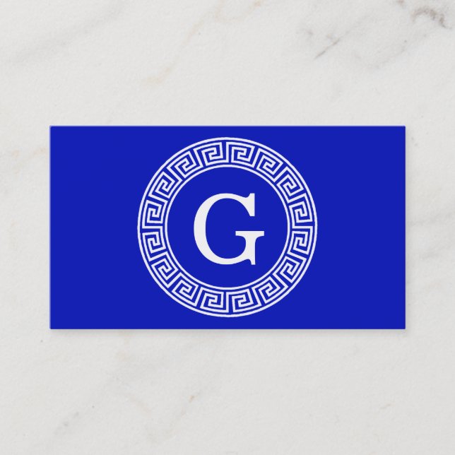 Royal Blue Wt Greek Key Rnd Frame Initial Monogram Business Card (Front)