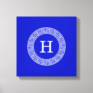 Royal Blue Wt Greek Key Rnd Frame Initial Monogram Canvas Print