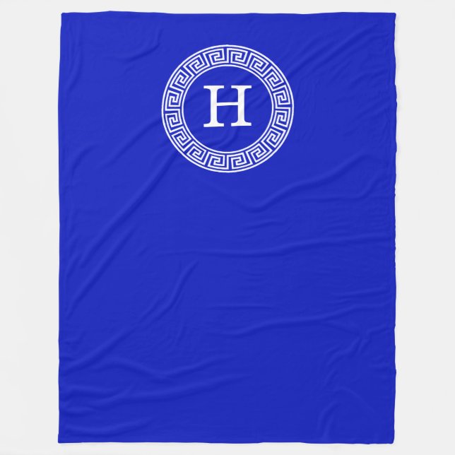 Royal Blue Wt Greek Key Rnd Frame Initial Monogram Fleece Blanket (Front)