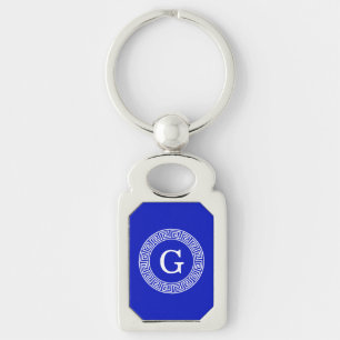 Royal Blue Wt Greek Key Rnd Frame Initial Monogram Keychain