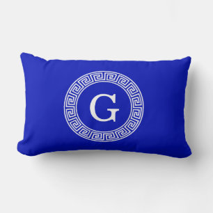 Royal Blue Wt Greek Key Rnd Frame Initial Monogram Lumbar Pillow