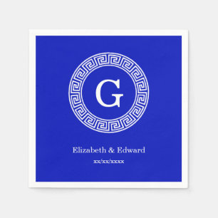 Royal Blue Wt Greek Key Rnd Frame Initial Monogram Napkin