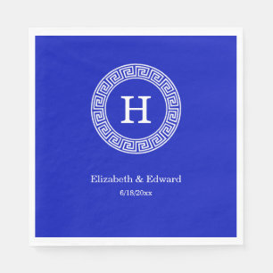 Royal Blue Wt Greek Key Rnd Frame Initial Monogram Napkin
