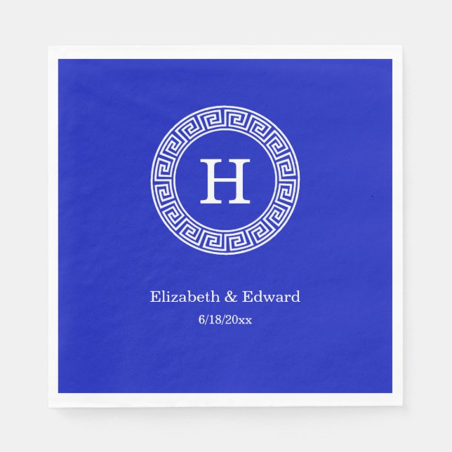 Royal Blue Wt Greek Key Rnd Frame Initial Monogram Napkin (Front)