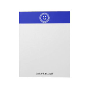 Royal Blue Wt Greek Key Rnd Frame Initial Monogram Notepad