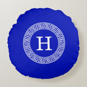 Royal Blue Wt Greek Key Rnd Frame Initial Monogram Round Pillow