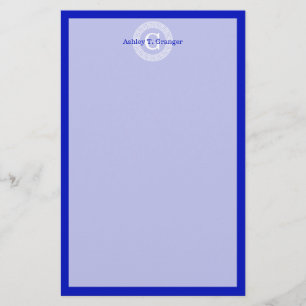 Royal Blue Wt Greek Key Rnd Frame Initial Monogram Stationery