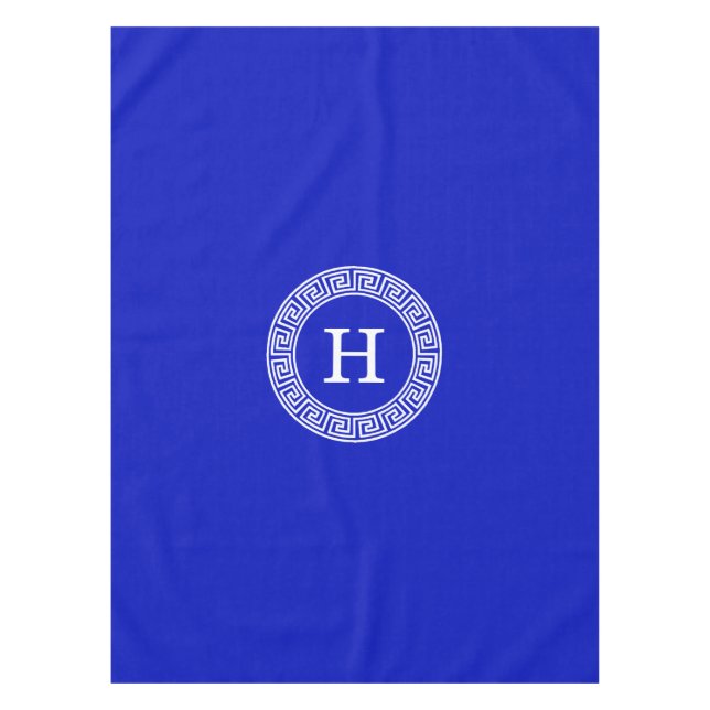 Royal Blue Wt Greek Key Rnd Frame Initial Monogram Tablecloth (Front)