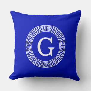 Royal Blue Wt Greek Key Rnd Frame Initial Monogram Throw Pillow