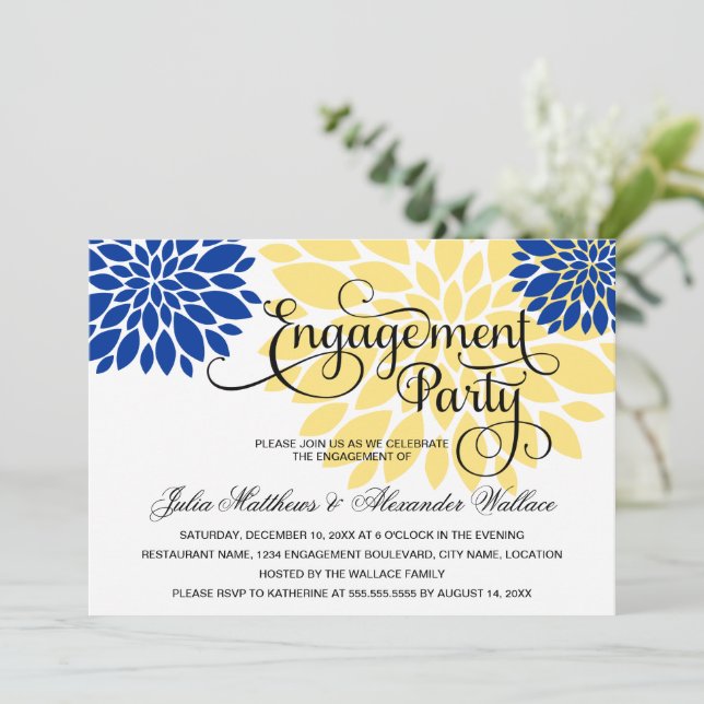 Royal Blue Yellow Floral Burst Engagement Party Invitation (Standing Front)