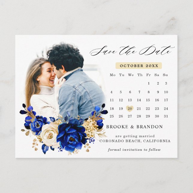 Royal Blue Yellow Gold calendar save date Postcard (Front)