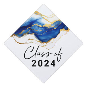 Royal Blue Yellow Gold "Class of" Alcohol Ink Graduation Cap Topper
