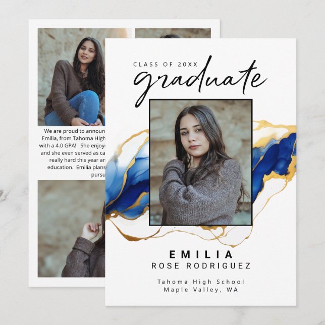 Royal Blue Yellow Gold Elegant Grad Announcement (Front/Back)