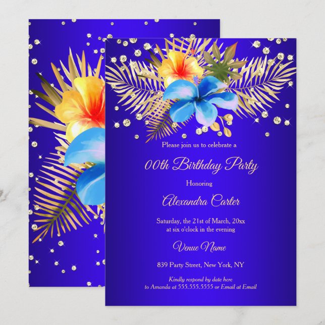 Royal blue Yellow gold floral Birthday Party Invitation (Front/Back)