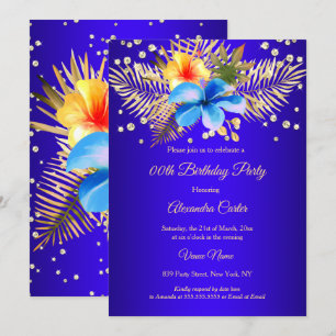 Royal blue Yellow gold floral Birthday Party Invitation